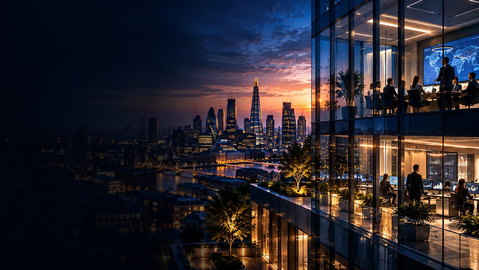 An open-plan office at dusk seen through glass