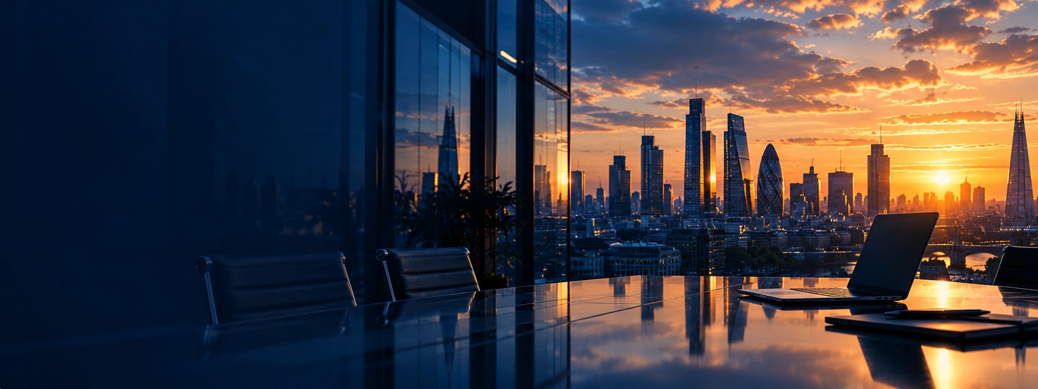 A boardroom at dusk overlooking the City of London at sunset