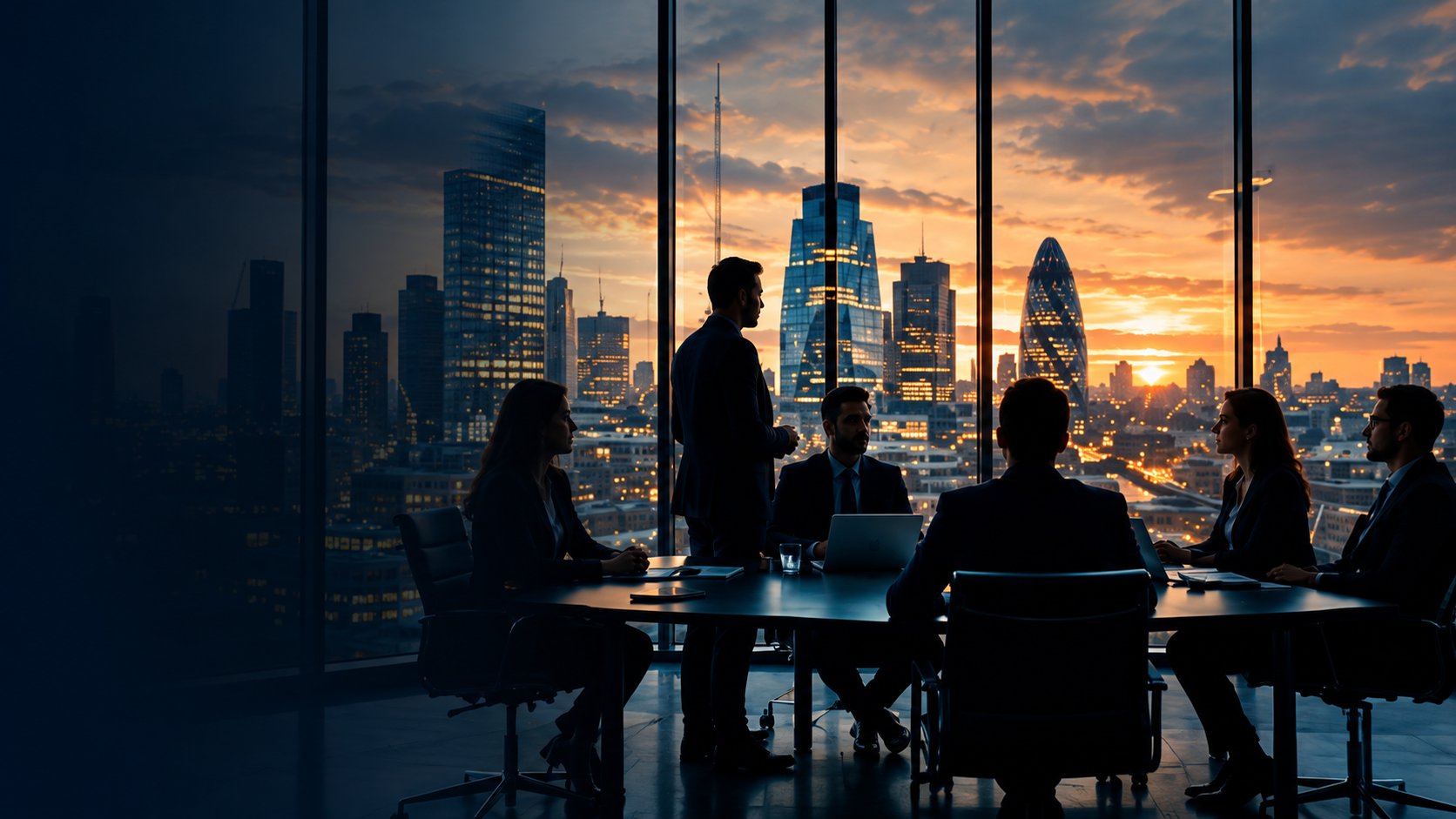Senior consultants in discussion in a London boardroom at dusk, city skyline beyond