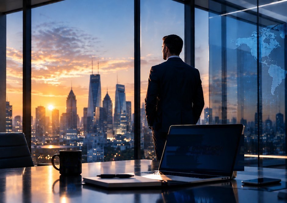 The founder of OMNITASK at a desk overlooking a city skyline at dusk