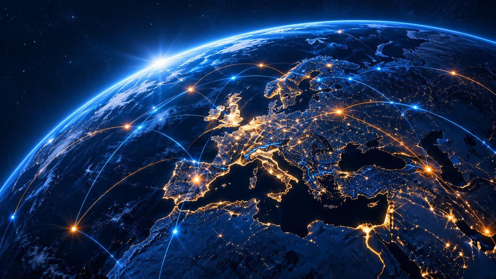 Europe seen from orbit at night, city lights connected by illuminated network routes