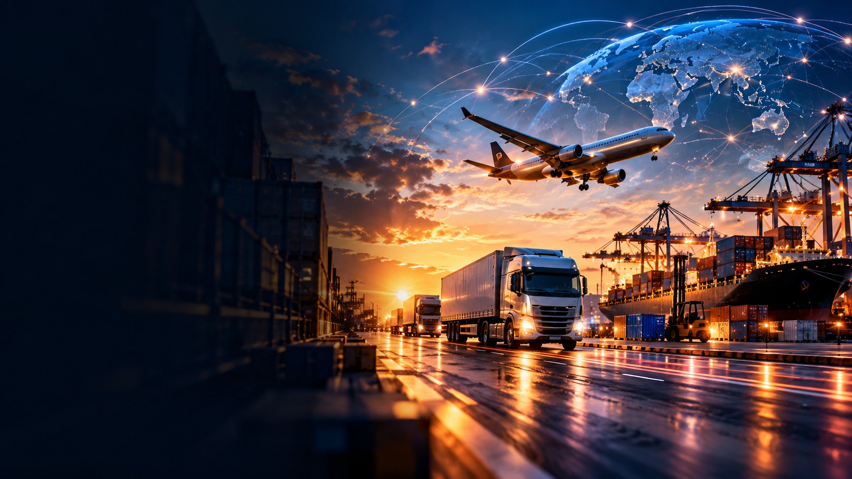 Freight moving by road, sea and air beneath a connected global network