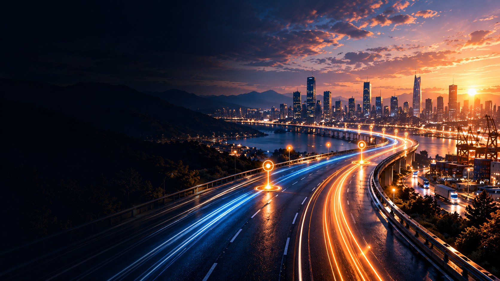A road curving toward a city skyline at dusk
