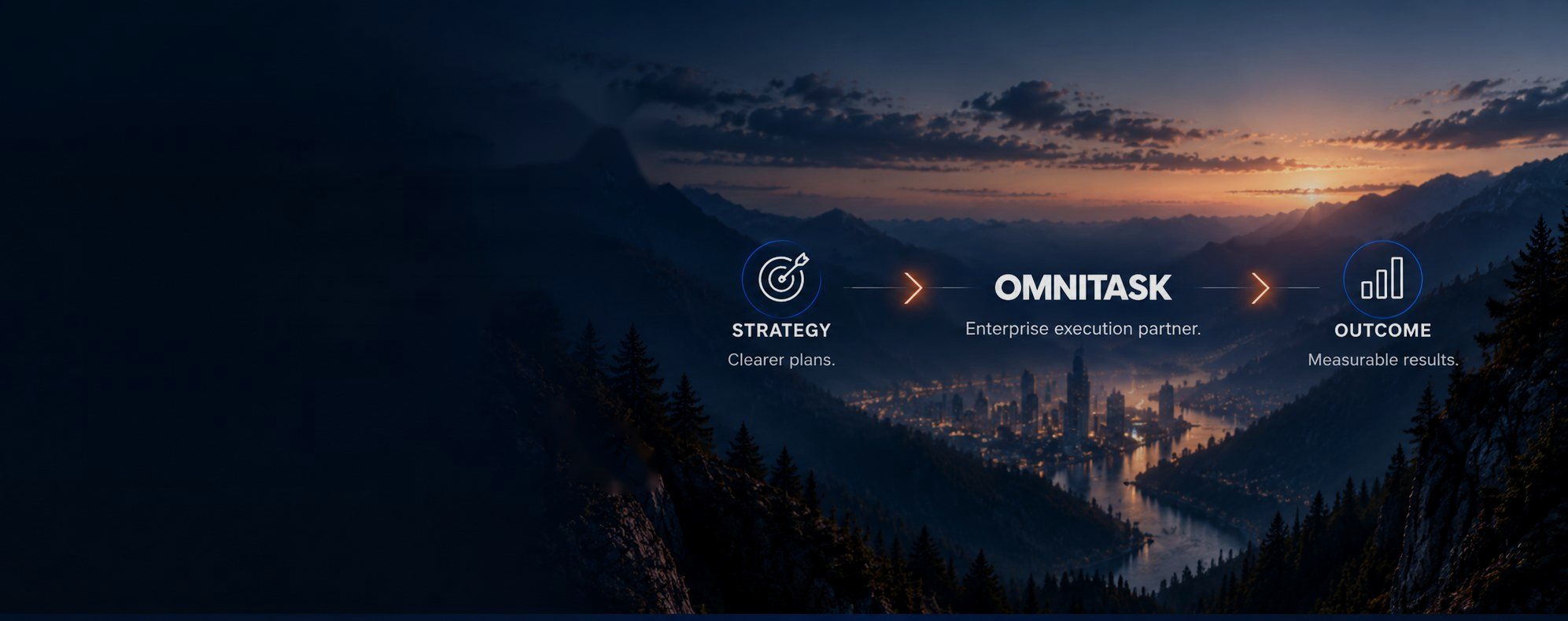 A mountain valley at sunrise — Strategy, clearer plans; OMNITASK, enterprise execution partner; Outcome, measurable results