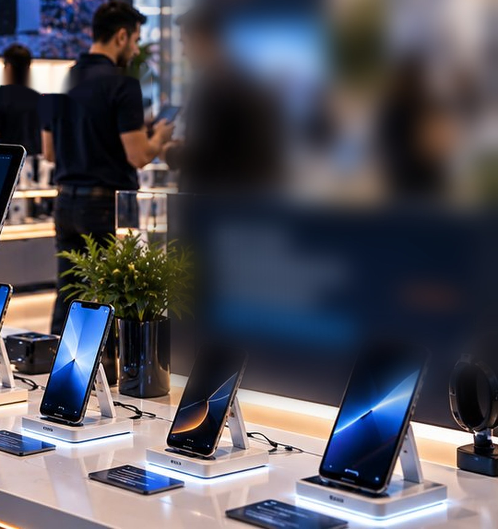 Display devices on a retail bench being checked and corrected