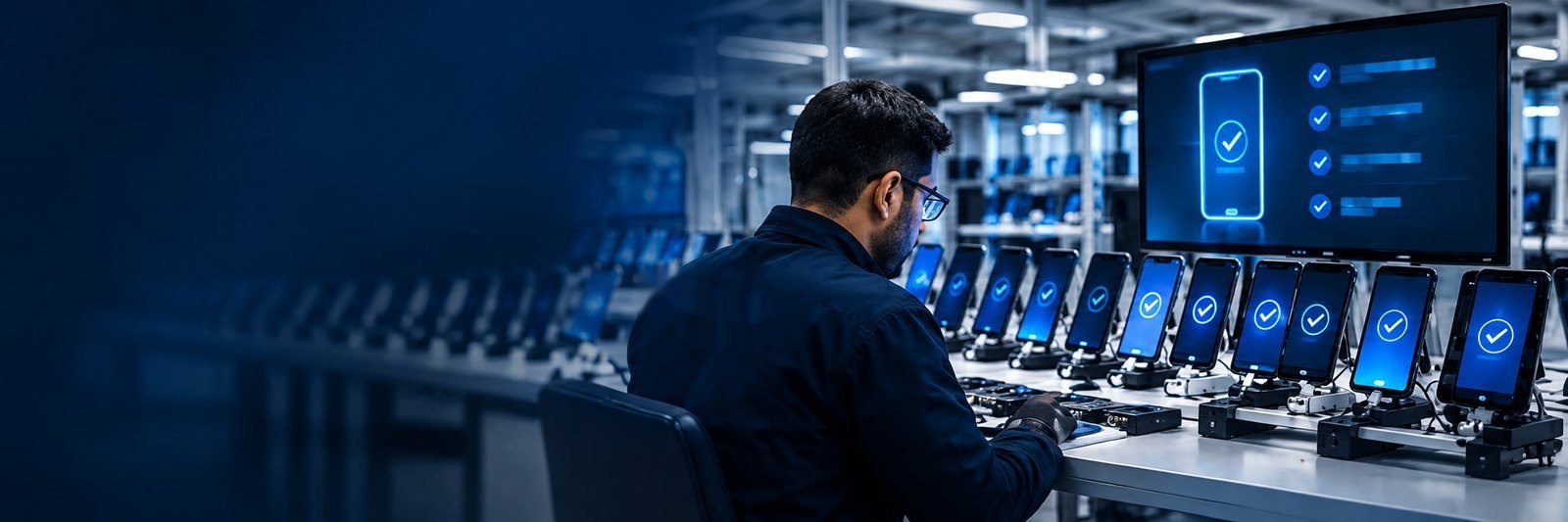 A technician working along a line of identical devices in cradles