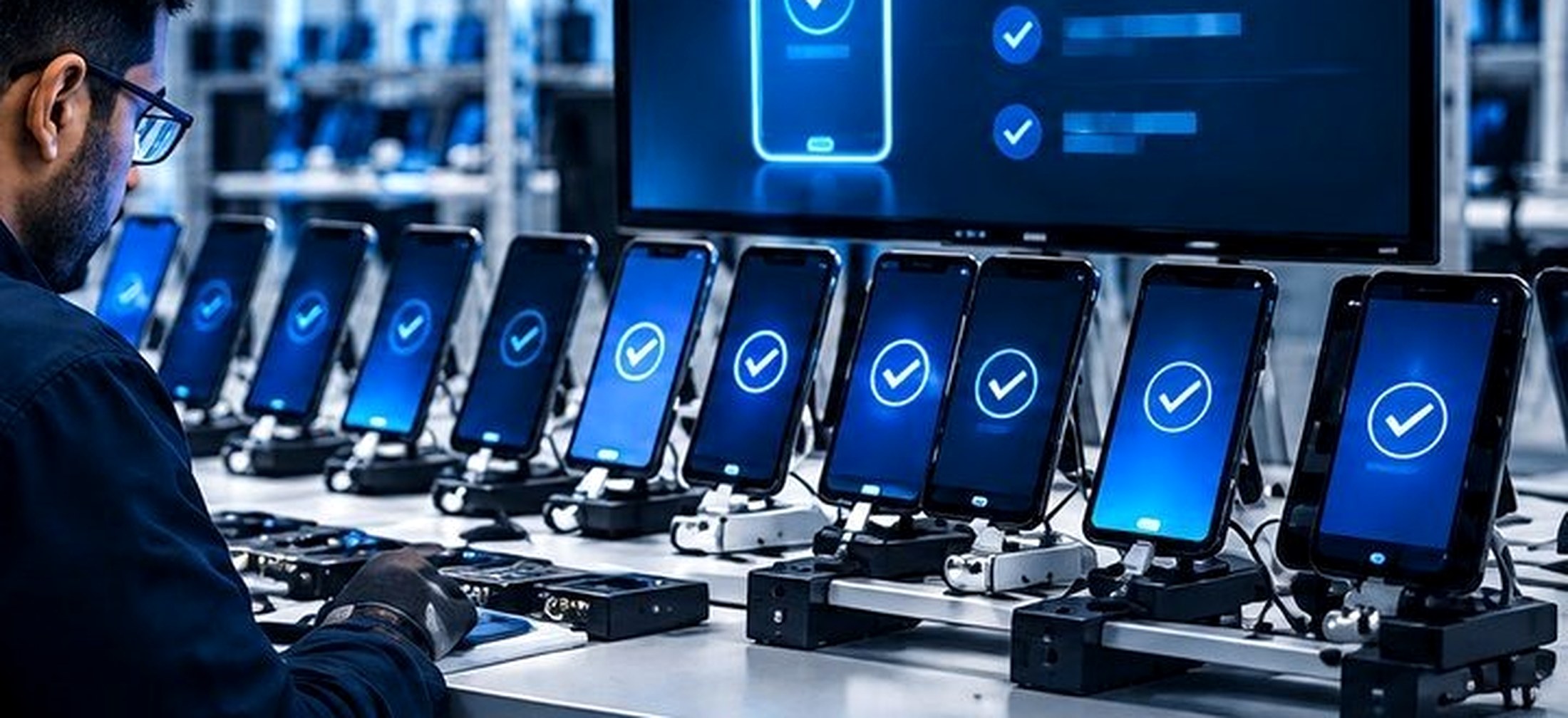 Rows of identical devices held in cradles on a preparation line