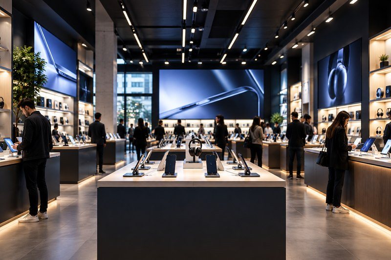 A premium consumer technology store floor during a product launch