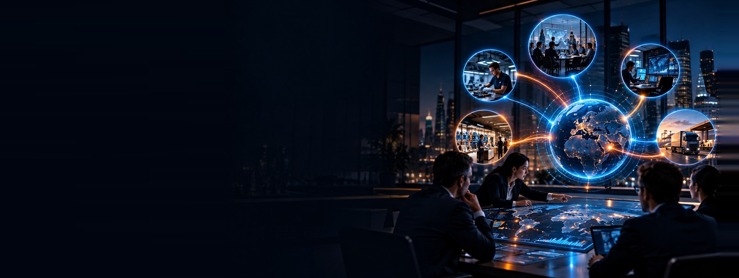 Colleagues around a lit table with a connected diagram between them