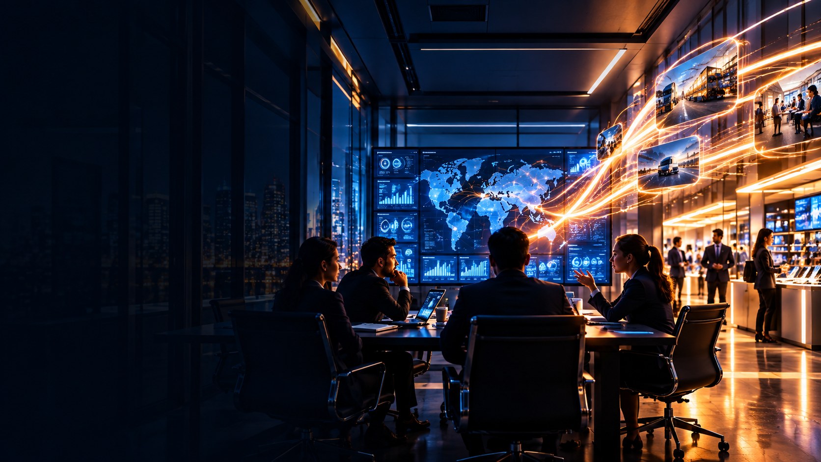 An executive planning table lit from above at dusk
